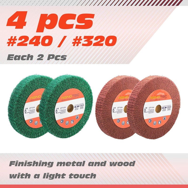 RENOTEC 6 Inch Flap Wheel, Non-Woven Abrasive Polishing Wheel, 1 Inch Thickness, 3/4 Inch Arbor, for Bench Grinder (Assorted Grit240 Grit320) - Image 3